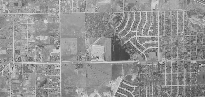 Aerial photo of drive-in location 4747 W Washington St, South Bend, Indiana. Now the site of Washington High School.