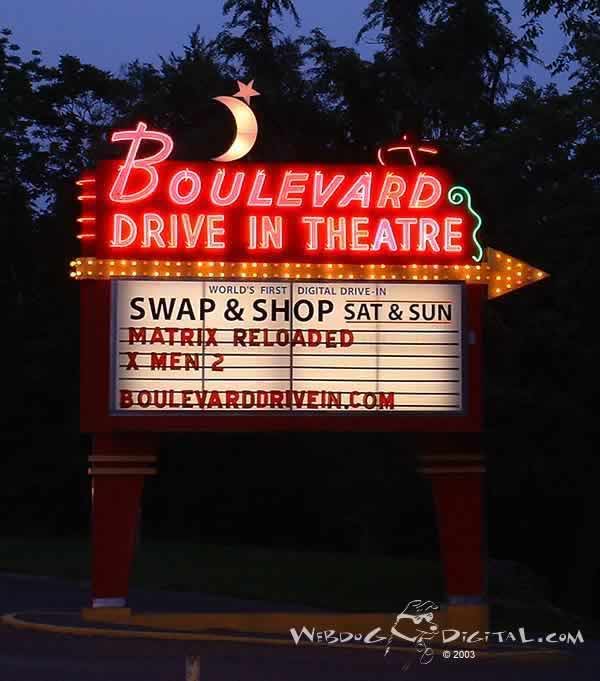 Boulevard Drive-In marquee at dusk