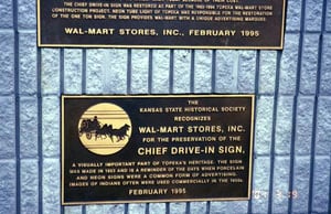 An award bestowed by the KS Historical Society recognizing Wal-mart for their efforts to preserve DI history. The screen came down but Wal-Mart found a creative way to utilize the DI marquee.