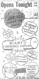 Library copy of Kansan newspaper ad for opening day on August 27,1947. First drive-in in Kansas City, KS; some locals think it was the Boulevard (open 1950). Advertised as having first tilted down screen in the US; baby bottle warming service.