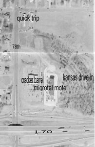 Aerial view of the remains of Kansas Drive-in. Where the screen was has been built on.