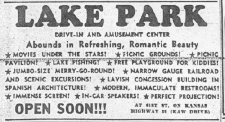 Taken from May 1953 newspaper (The Kansan) showing the features of Lake Park Drive-in. The site is now a concrete recycling center the trailer park was wiped out in the flood of 93
