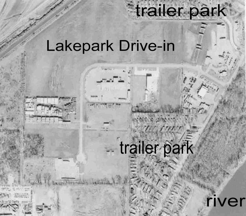 Aerial view of the location of Lake Park drive-in. It is now used as storage for over the road trailers.