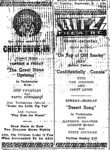 Newspaper ad showing Chief Drive-in and Ritz indoor theater. It was open long before the drive-in and is still open.