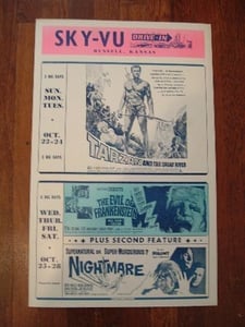 Flyer for Sky Vu Drive-in from Russell, Kansas. Featuring: Tarzan and The Great River starring Mike Henry and Jan Murray 1968. 
The Evil of Frankenstein starring Peter Cushing 1964. 
Nightmare starring David Knight and Moira Redmond 1964.
