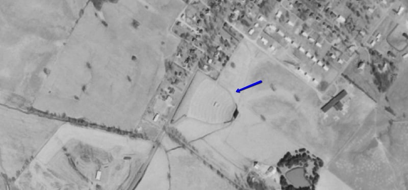 Aerial photo from 1968 showing location of drive-in on US 60, S Morgan St, in Morganfield, KY.