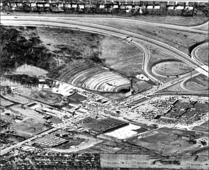 Shelbyville Road in Louisville with the East Drive-in. Most likely taken in the last year or two of the theaters operation. Note the overgrowth in the back rows. 4 lane Watterson Expressway is complete, Mall St. Matthews is now across from the drive-in.