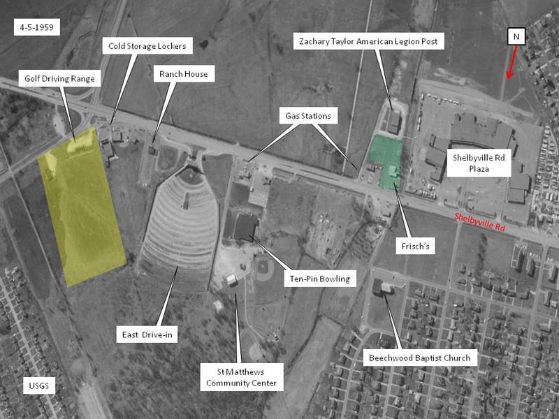 Aerial view of Shelbyville Road and the East Drive-in, with convenient labels Most likely for Watterson Expressway project.