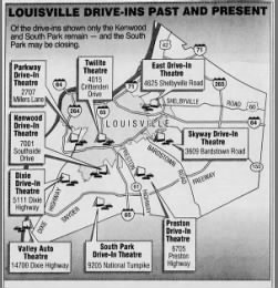 From a 1997 Courier-Journal article about drive-ins in Louisville. At the time, the South Park would be open one more year, and the Kenwood would be open through the 2008 season.
