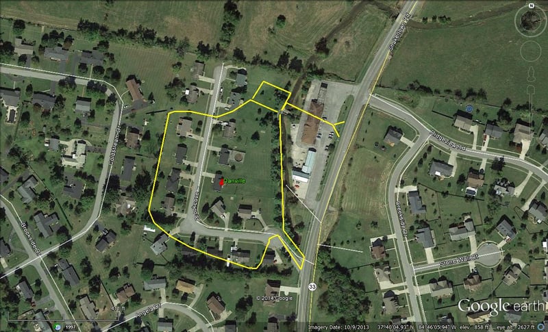 aerial view with former lot outlined-Brookcove is former entranceexit road