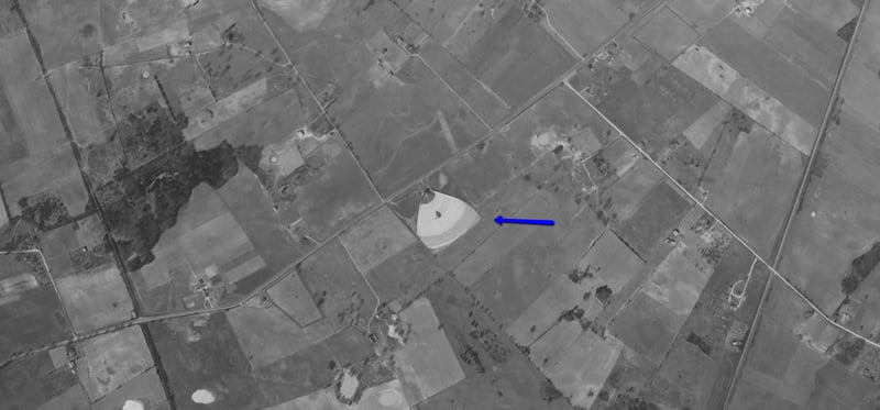 Aerial photo of drive-in location from 1950, before construction of highway interchange.