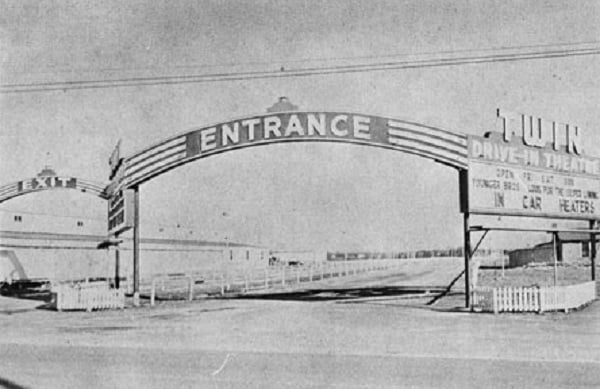 Marquee and entrance of the Twin drive-in, later known as the Twilite when it went to a single screen.