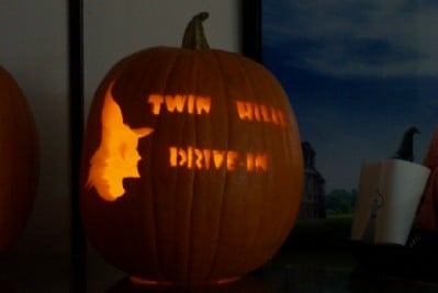 Halloween 2005 carved pumpkin with TWIN HILLS DRIVE IN
