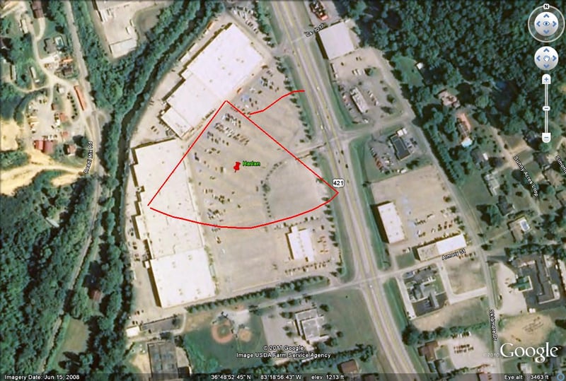 Google Earth image with outline of former site-now mostly parking lot