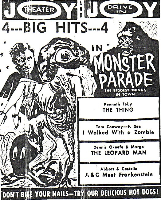 A combo ad for the Joy indoor and the Joy drive-in.