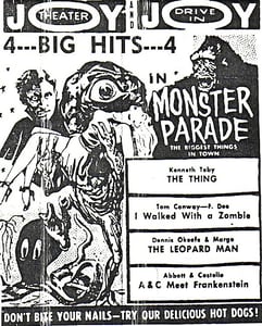 A combo ad for the Joy indoor and the Joy drive-in.