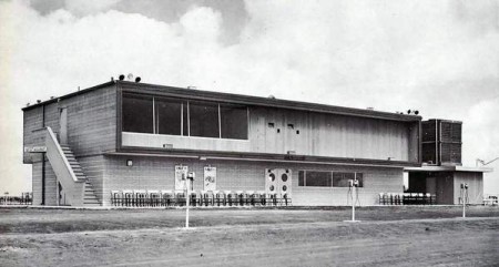 "Built out of brick and redwood, the large building above acts as the concession building, projection booth and houses the indoor auditorium."