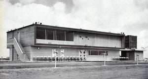 "Built out of brick and redwood, the large building above acts as the concession building, projection booth and houses the indoor auditorium."