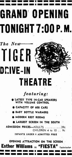 Ad from the early years late 40's or early 50's. The Tiger Drive-in opened on July 16, 1948, and closed on February 1978.