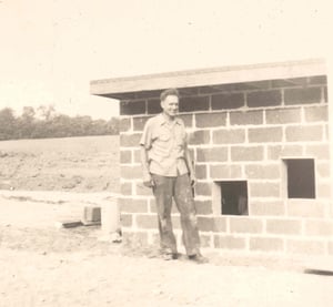 Alfred Boryta in front of the just completed projection building.