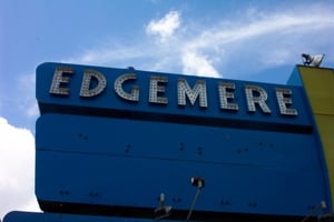 Close up of the "Edgemere" portion of the marquee.  The letters have spots for individual light bulbs.  I bet this was quite a sign in it's day.