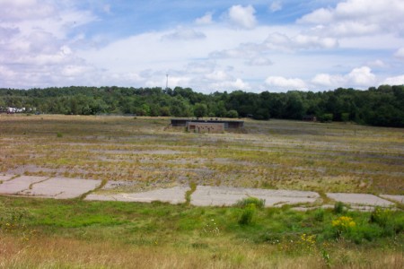 View of projection booth, snack bar and field taken from the base of the screen.