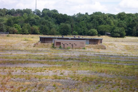 View of projection booth and snack bar taken from the base of the screen.