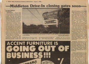 Newspaper article of the closing of the Rte. 114 Drive in - Middleton, MA