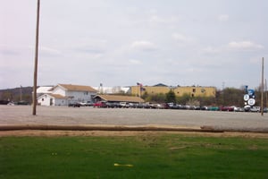 view of former concession stand and marquee taken from base of remaining screen.