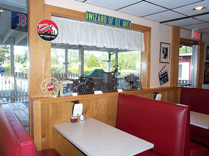 inside of snack bar outside of theatre.  note drive-in speaker at each table.