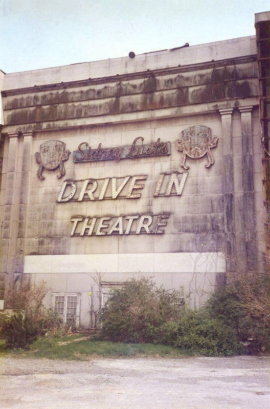 Front of Beltsville Drive In prior to demolition.  The drive in had been closed and abandoned for some months.