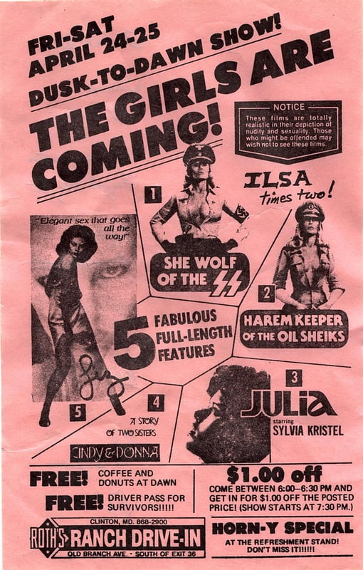 One of the Ranch's many famous dusk-to-dawn marathons.  Judging by the dates, I'm tempted to say this flyer is from 1976.  According to the Internet Movie Database(IMDb), however, the fifth and final feature Liz was released in 1977, in which case the f