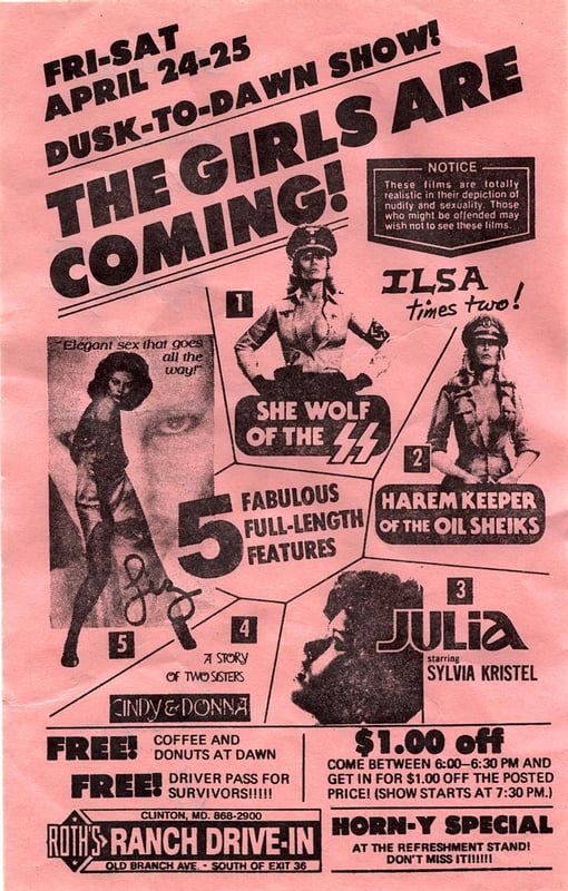 One of the Ranch's many famous dusk-to-dawn marathons. Judging by the dates, I'm tempted to say this flyer is from 1976. According to the Internet Movie Database(IMDb), however, the fifth and final feature Liz was released in 1977, in which case the f