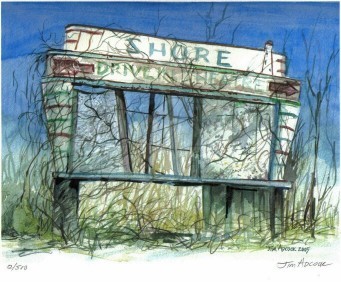 Print of an original watercolor I recently completed of the Shore Drive-In Entrance sign that still stands near Ocean City, MD.