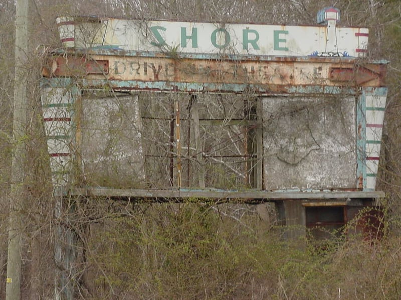Entrance sign for Shore Drive-in Rt 50 located 3 miles West of Ocean City, Maryland. Broken neon still intact.