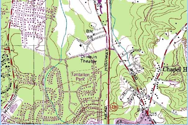 topographic map showing the location of the drive-in; courtesy of the U.S. Geological Survey