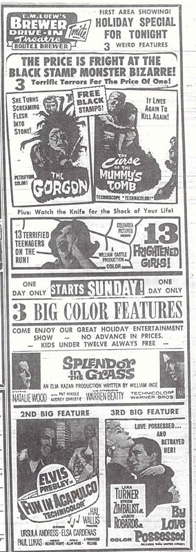 Brewer Drive-in ad; July 3,4, 1965