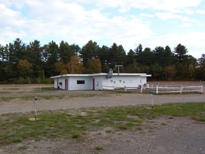 Photo of concession / projection building at the Saco Drive-In.