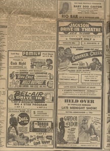 Movie listing clipping from September 1955 out of the Local Jackson Citizen Patriot Newspaper.