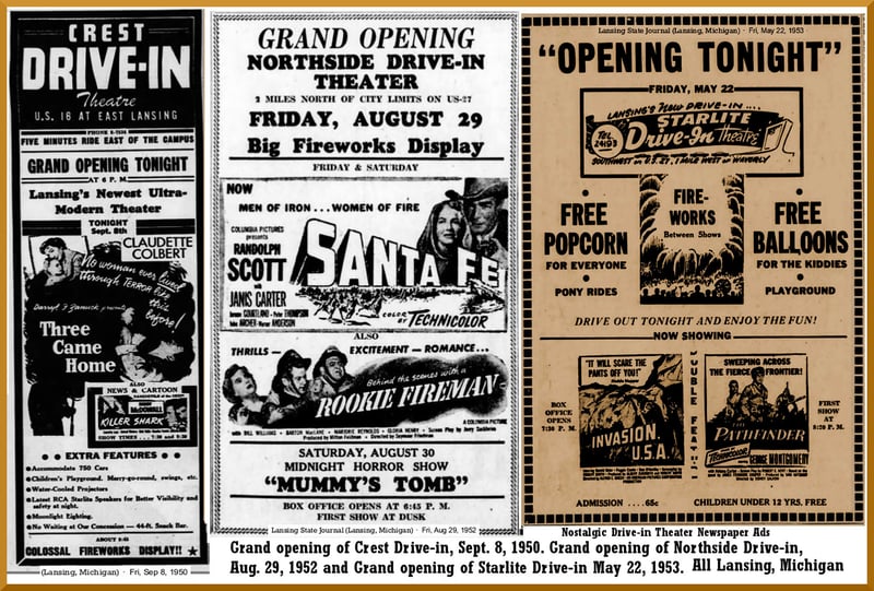 Grand opening ad for the Crest Drive-in, dated Sept. 8, 1950, and grand opening ads for nearby drive-ins The Starlite Drive-in dated May 22, 1953 and the Northside Drive-in, dated Aug. 29, 1952.