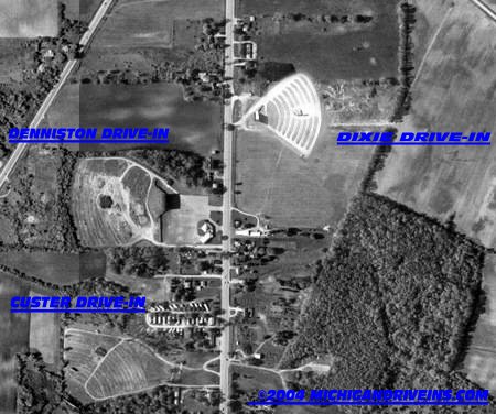 Aerial of the three Monroe drive-ins. The Dixie Drive-In image (approx location) was added to the photo with photoshop as it does not show up on any topos or aerials.