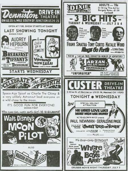 July 1962 ad for the 3 Monroe drive-in's that went head-to-head. These 3 were within 1/2 mile of each other on Monroe st. http://www.michigandriveins.com/detail.asp?id=130