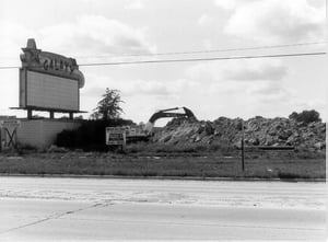 Marquee with steam shovel behind hill near where the screen tower once stood. Thanks to Jean Sterrit of Madison Heights Historical Society for the use of this and all photos.