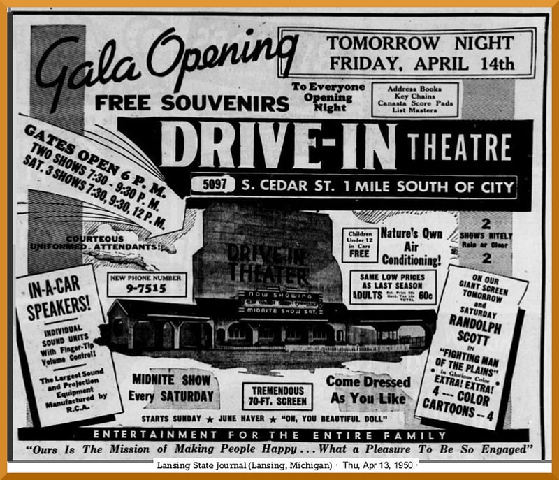 Grand opening ad for the Lansing Drive-in dated April 13, 1950