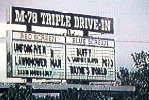 Vidcap of the M-78 marquee from the extensive archives of Outdoor Moovies, a Lansing public-access cable TV program produced by Darryl Burgess.