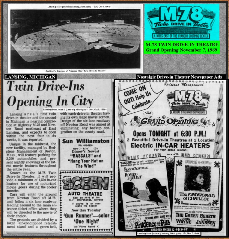 Grand opening ad and articles for M-78 Twin Drive-in dated Nov. 7, 1969.