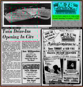 Grand opening ad and articles for M-78 Twin Drive-in dated Nov. 7, 1969.