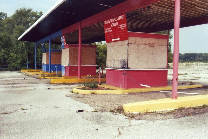 Boarded up ticket booths