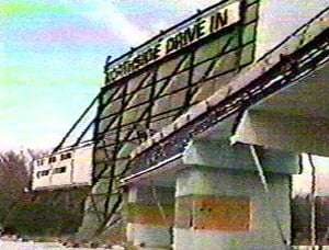 Northside Drive-In screen tower and ticket booths, photo by Daryl Burgess.