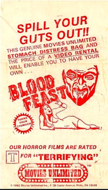 A Blood Feast Barf Bag. This item was distributed to the audience as a promotional item before the screening at the Corral.